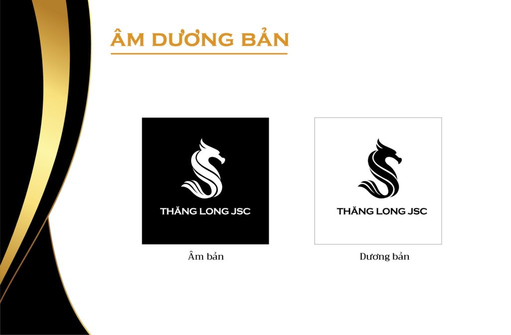 Logo Thăng Long JSC ở hai phiên bản âm bản trên nền đen và dương bản trên nền trắng