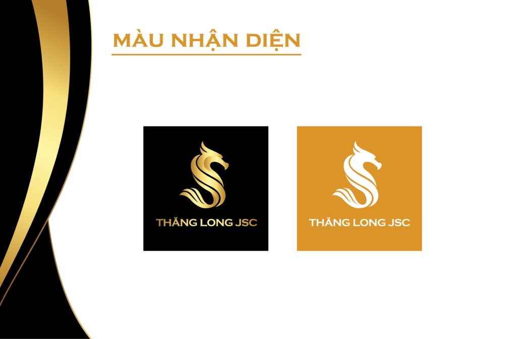 Logo Thăng Long JSC trên hai nền nhận diện: nền đen và nền vàng đồng